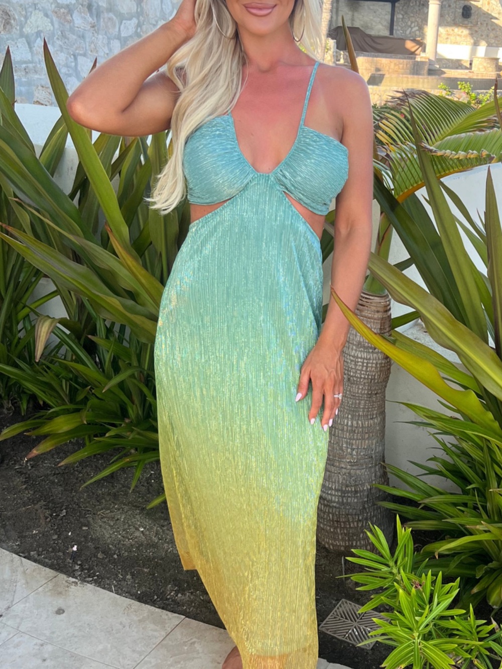 Cutout Ombre Midi Dress in Aqua to Yellow